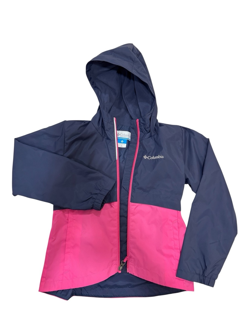 Columbia Girl Youth Sz S (7/8) Waterproof Lined Hooded Rain Jacket Pink Navy